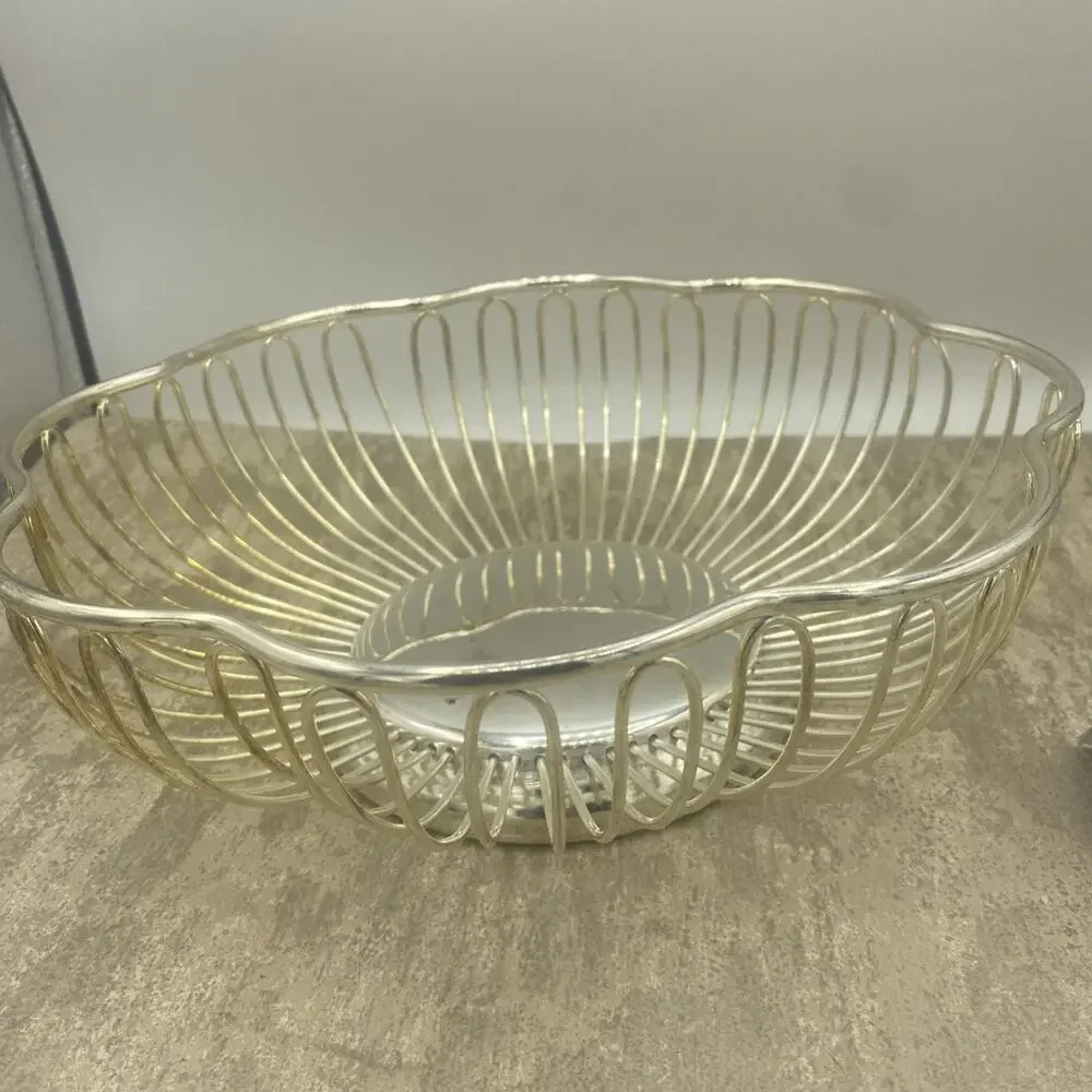 Silver Plate Round Fruit, Bread, Vegetable Bowl Basket, 9.5” Diameter